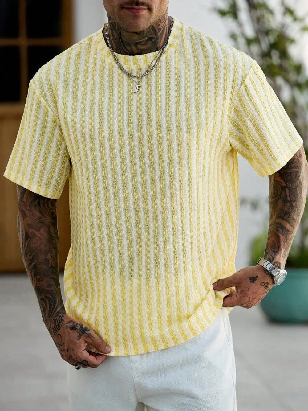 Light Yellow Regular Fit Men's Geometric Knit T-Shirt